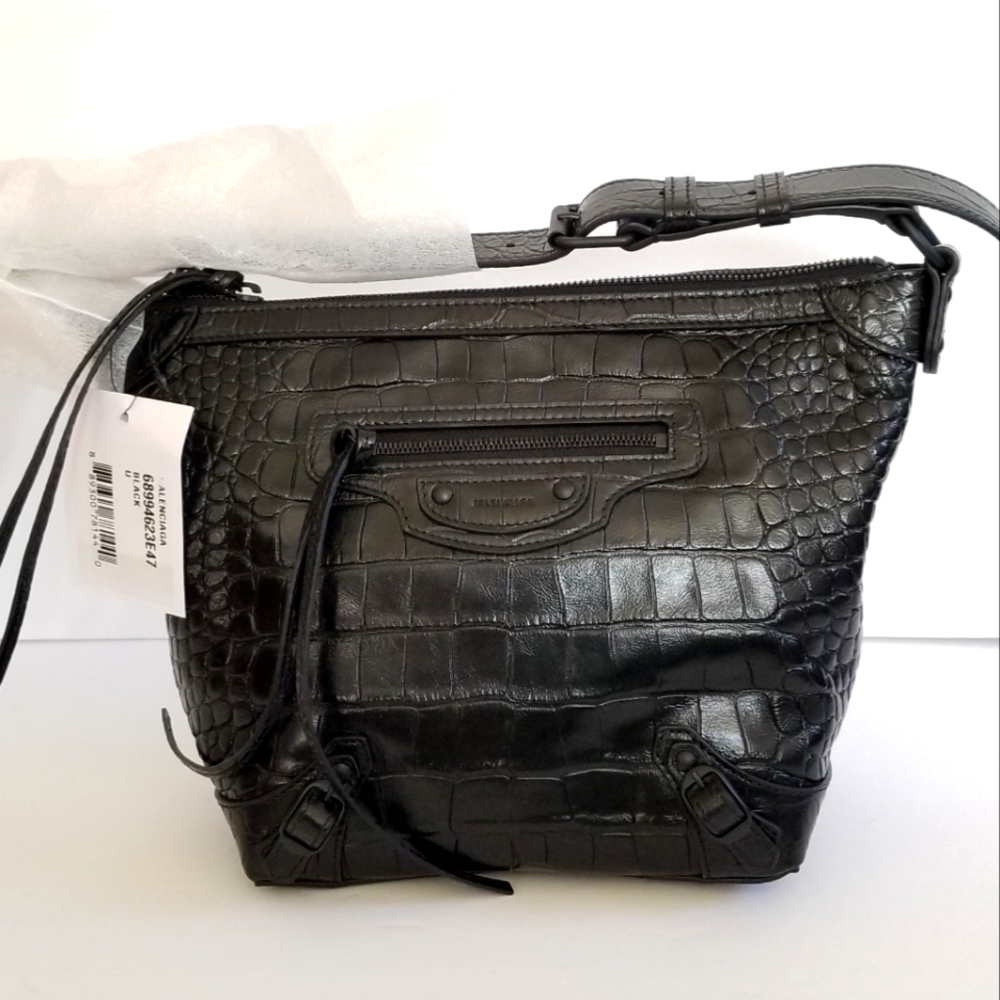 Balenciaga XS Neo Classic Croc-Embossed Leather Hobo Bag Black - Picture 3 of 10